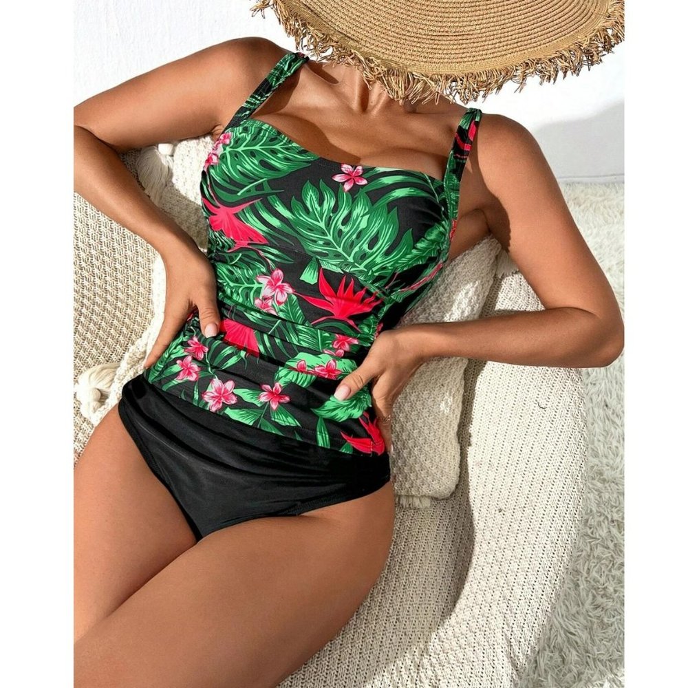 Bikini Tankini Swimsuit Black Tropical Print Ruched | Size L Large NEW Two 2 pc